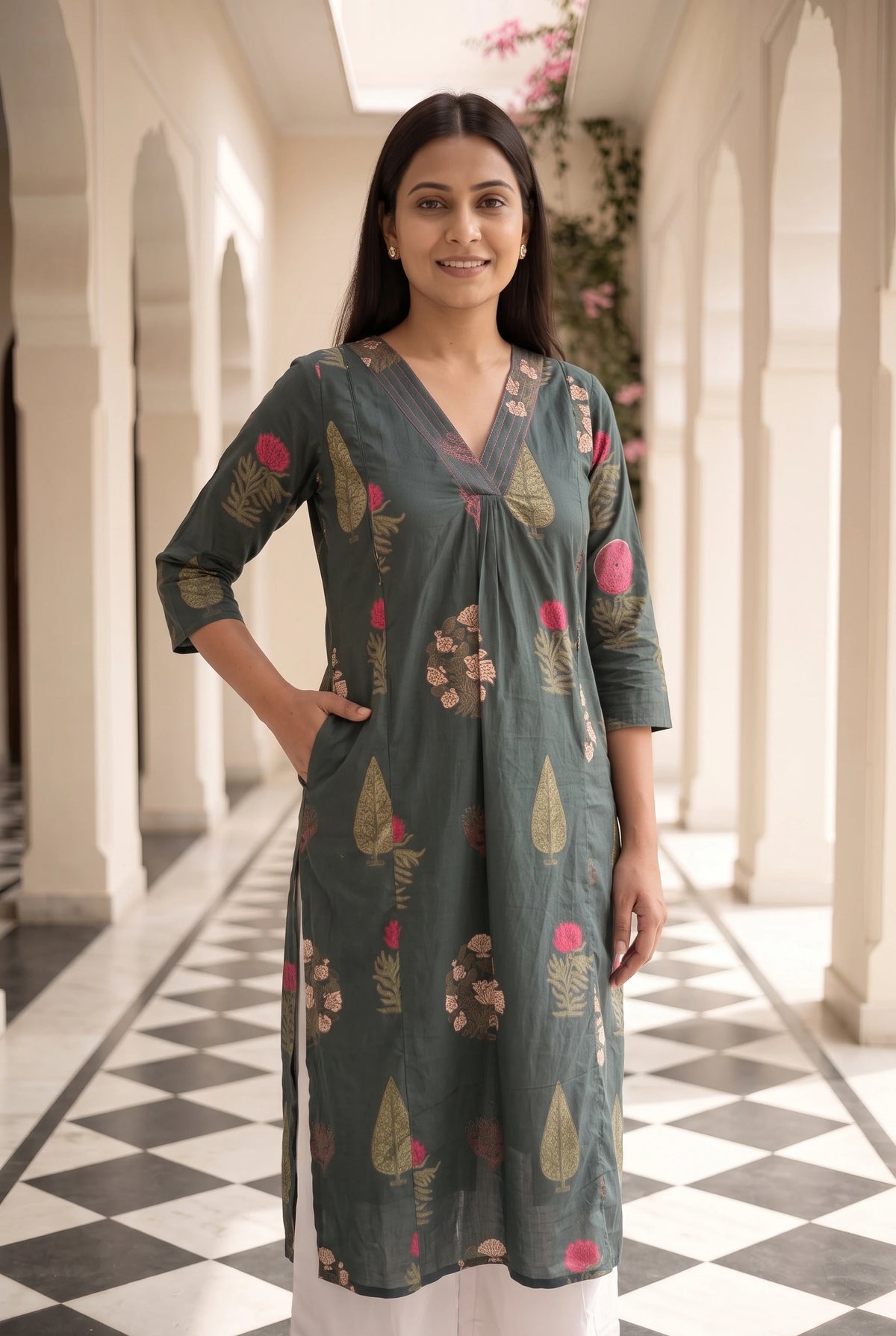 Suhasini Green Floral Maternity and Feeding Straight cut Cotton Kurta