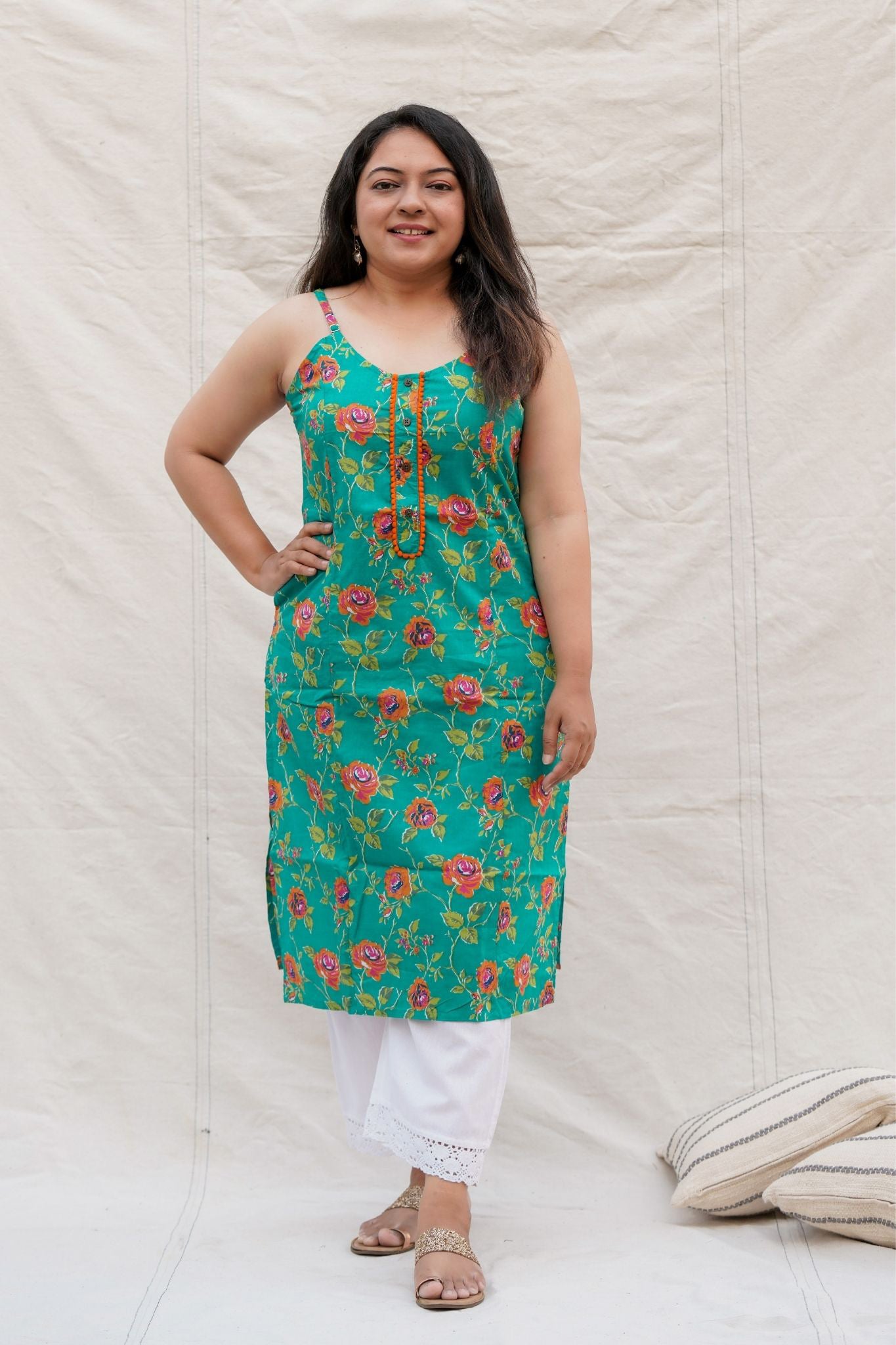 Twister Blue Floral Spaghetti Straight Cotton Kurta