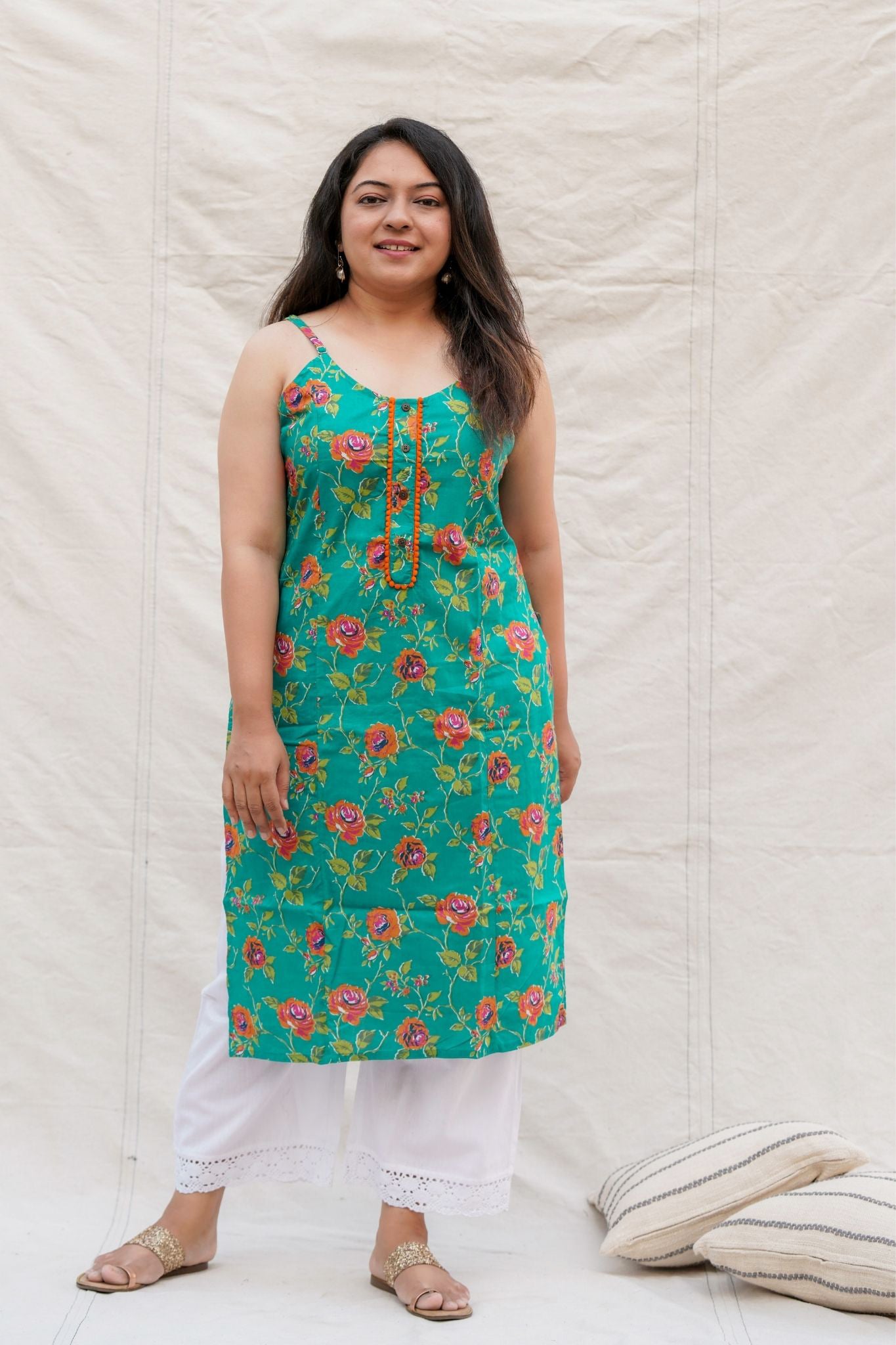 Twister Blue Floral Spaghetti Straight Cotton Kurta