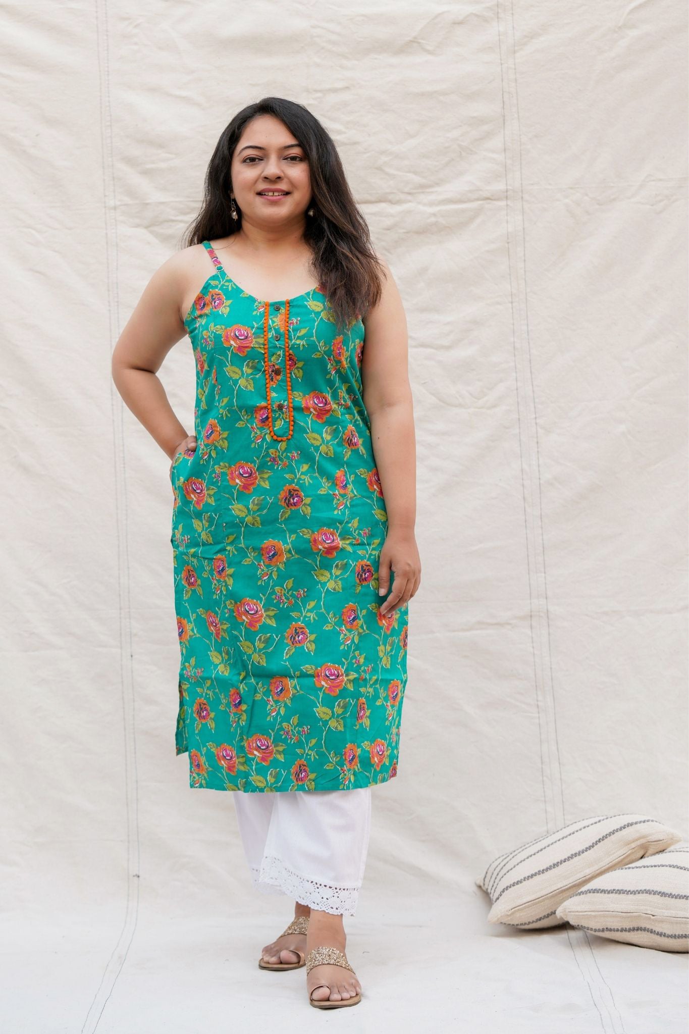 Twister Blue Floral Spaghetti Straight Cotton Kurta