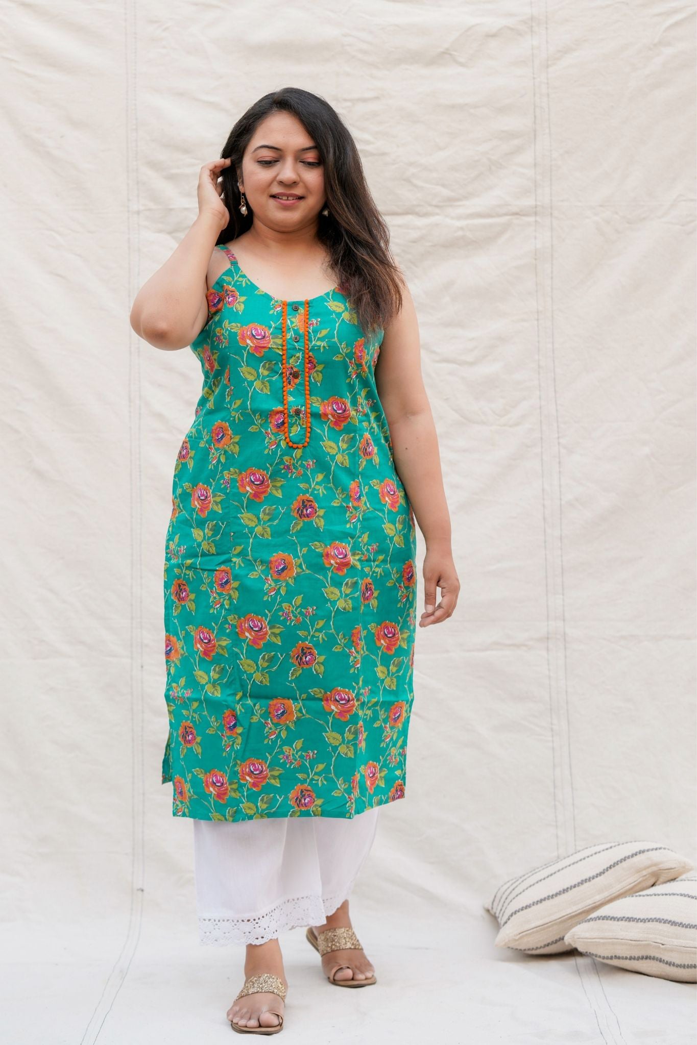 Twister Blue Floral Spaghetti Straight Cotton Kurta