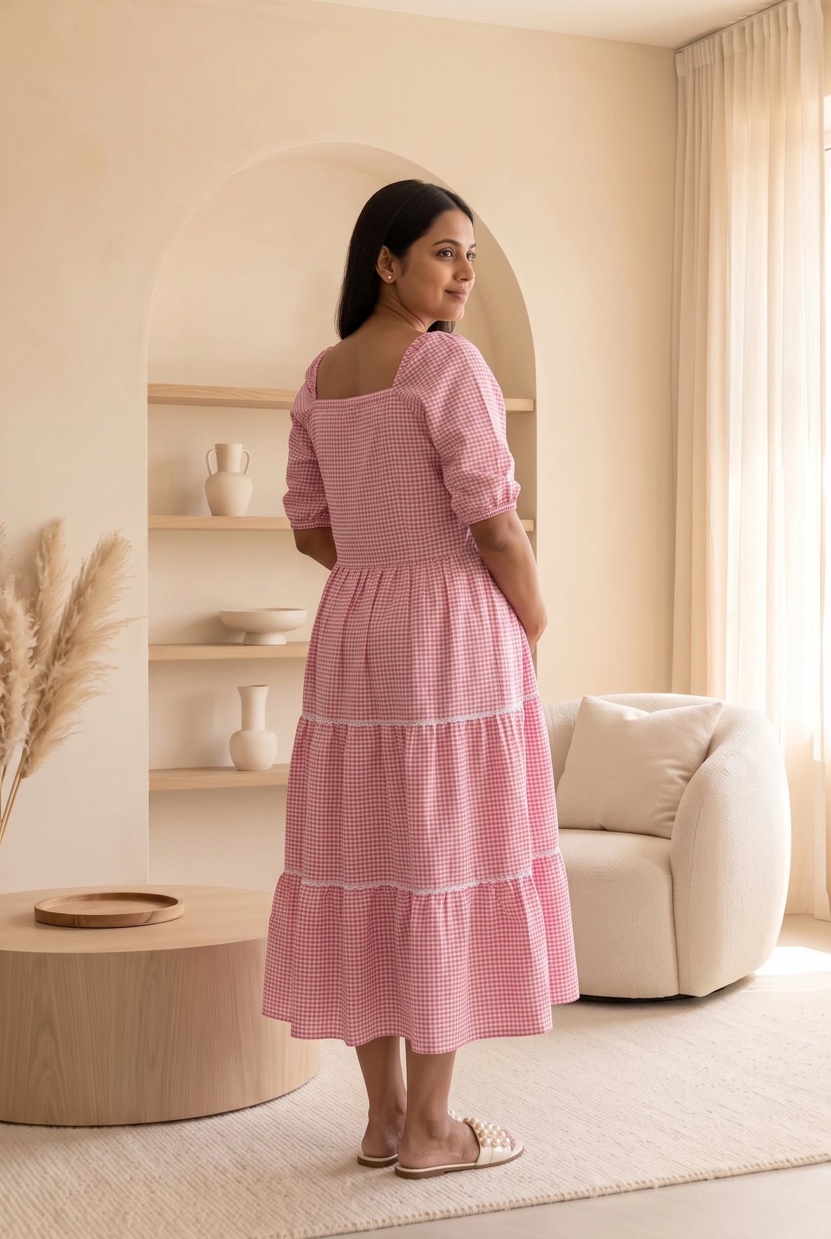 Vaani Pink Maternity and Feeding Checks Tiered Seersucker Cotton Dress
