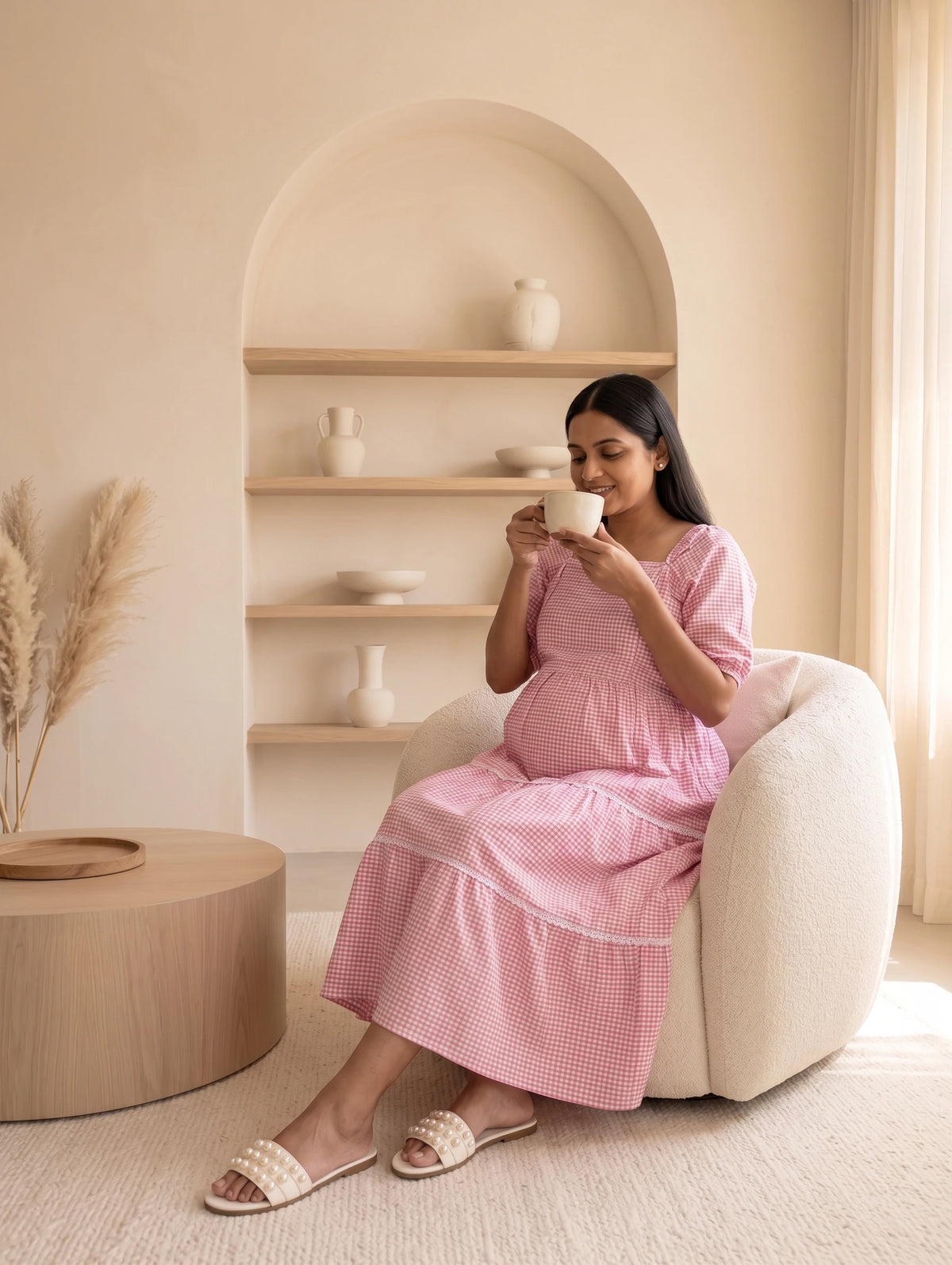 Vaani Pink Maternity and Feeding Checks Tiered Seersucker Cotton Dress