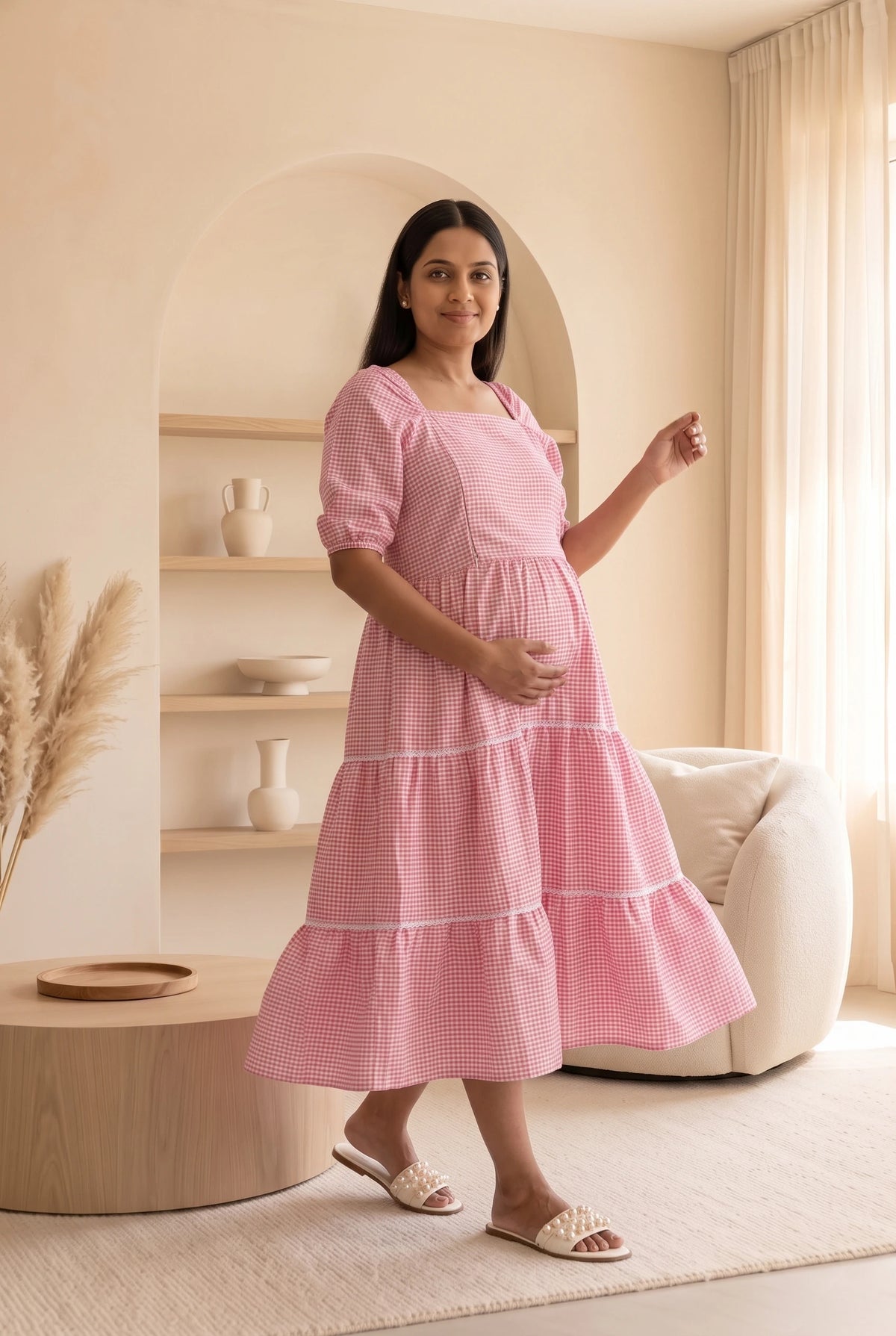 Vaani Pink Maternity and Feeding Checks Tiered Seersucker Cotton Dress