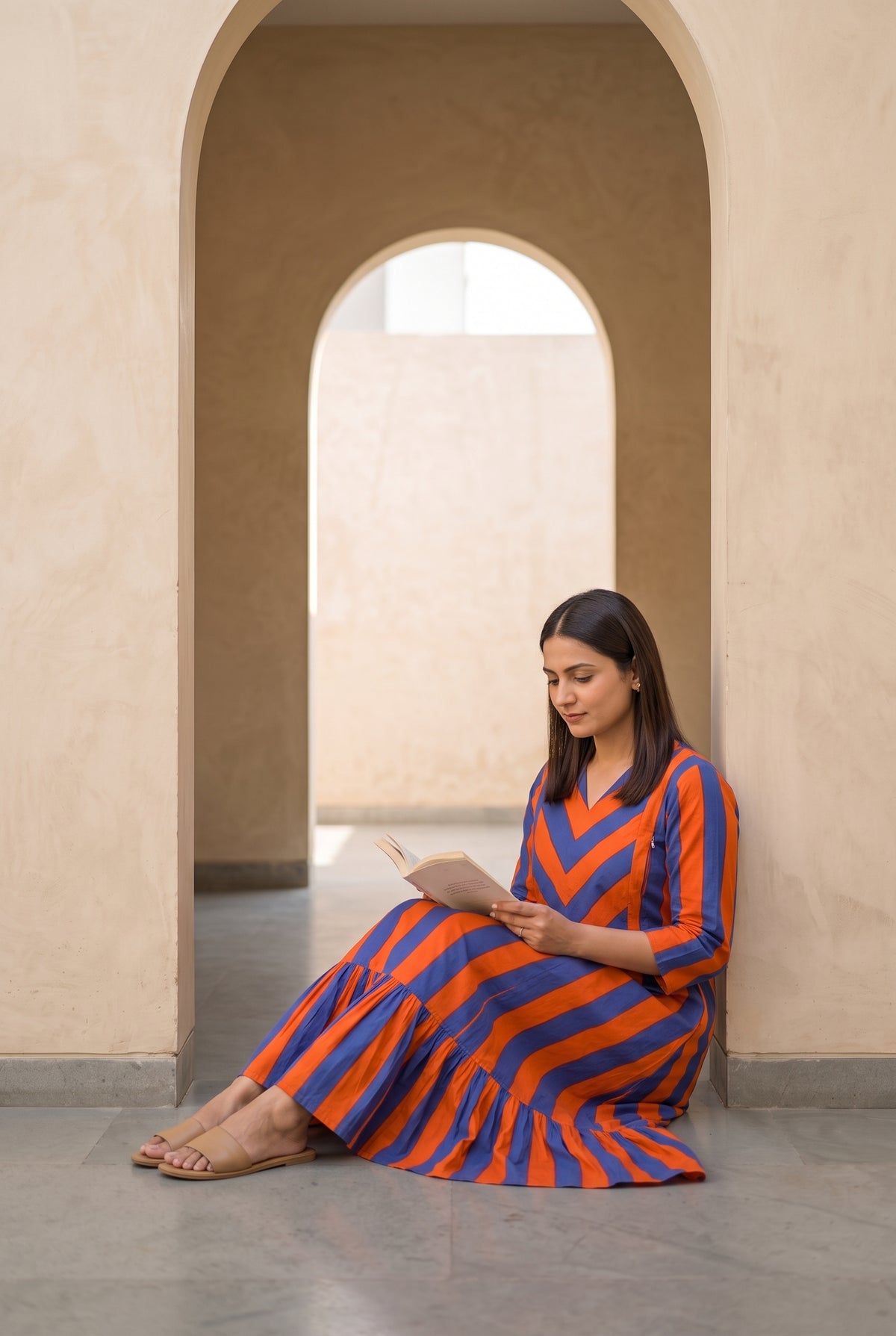Ziva Orange and Blue Stripes Maternity and Feeding Cotton Dress