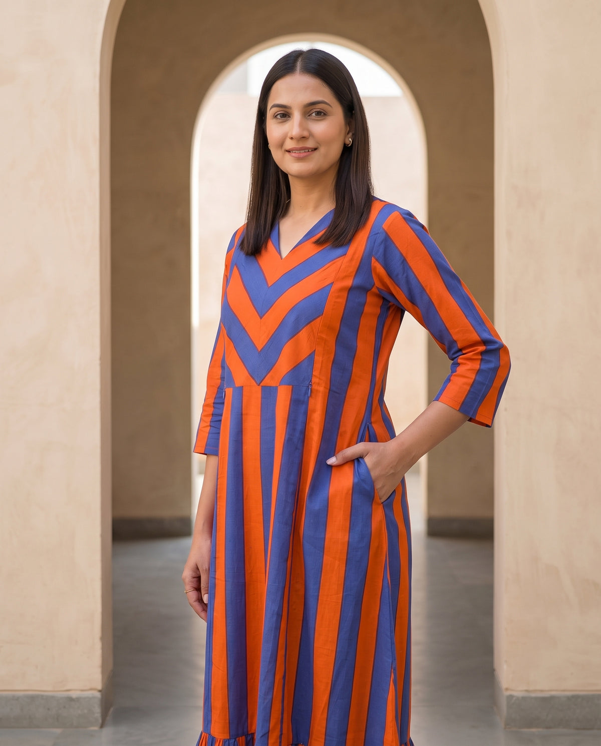 Ziva Orange and Blue Stripes Maternity and Feeding Cotton Dress