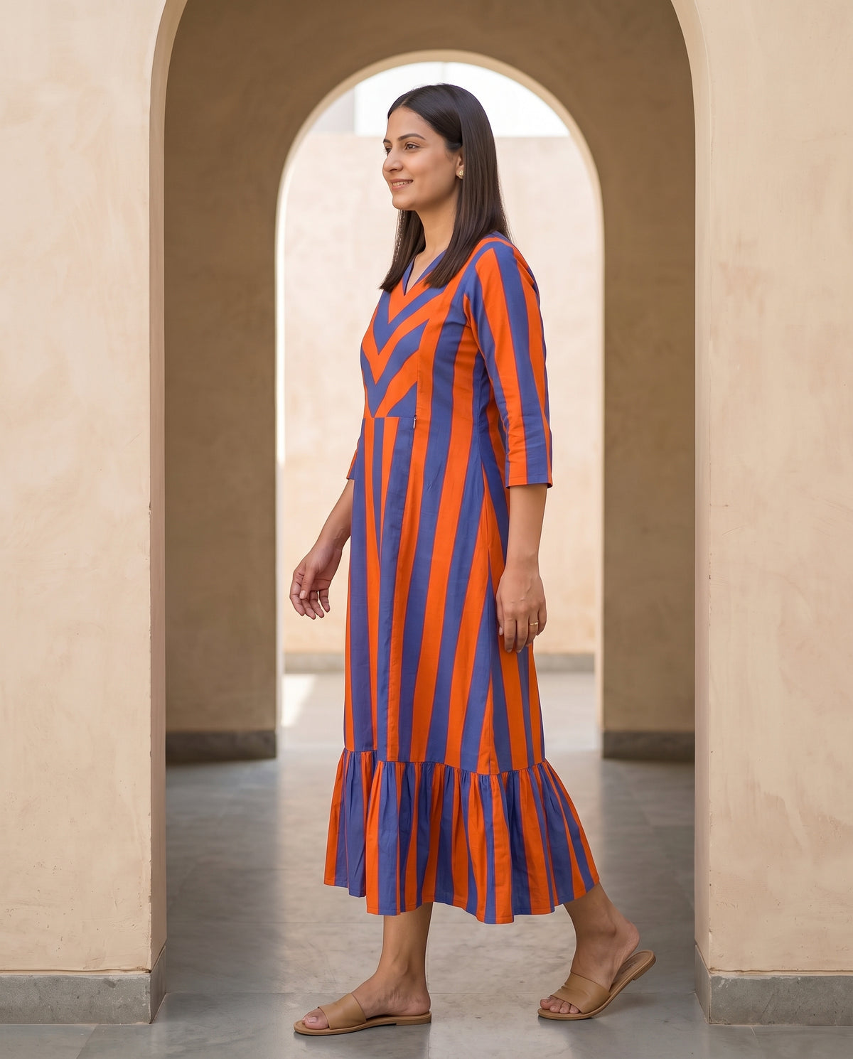 Ziva Orange and Blue Stripes Maternity and Feeding Cotton Dress