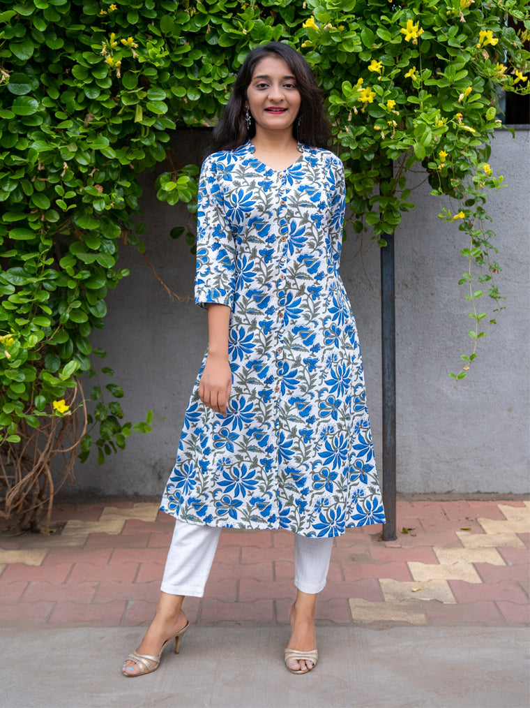 Wilderness Blue A- Line Floral Cotton Kurta