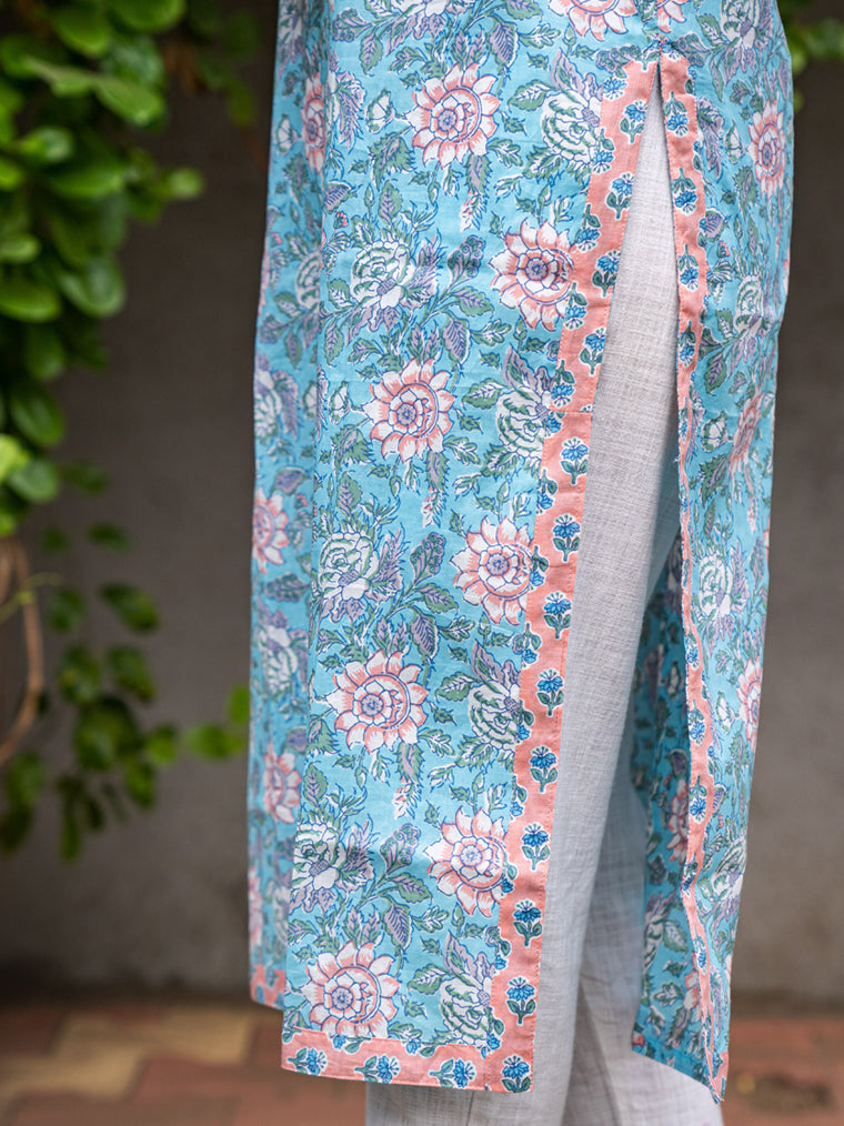 Iris Blue Floral Straight Cut Cotton Kurta
