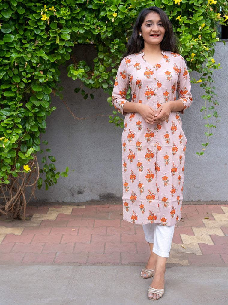 Granola Orange Floral Straight Cut Cotton Kurta