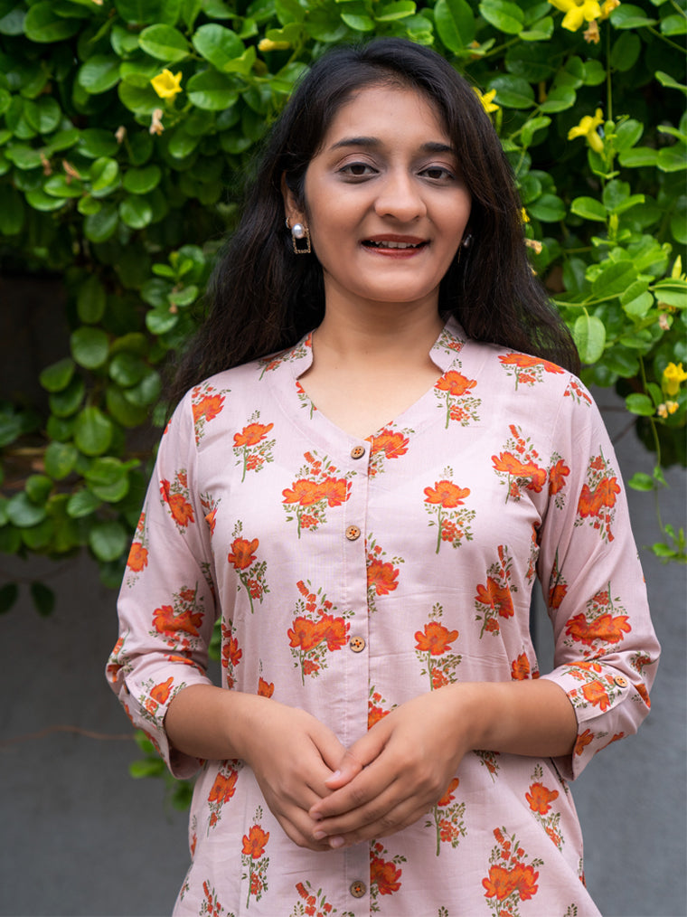 Granola Orange Floral Straight Cut Cotton Kurta
