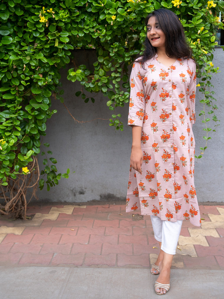Granola Orange Floral Straight Cut Cotton Kurta