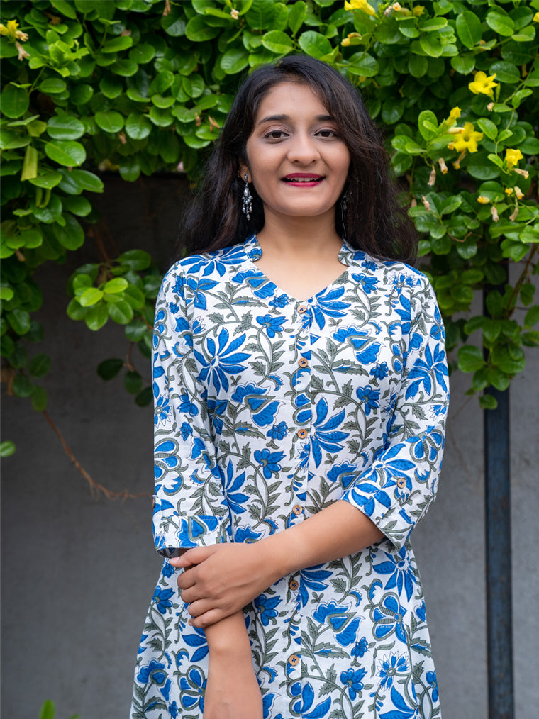 Wilderness Blue A- Line Floral Cotton Kurta