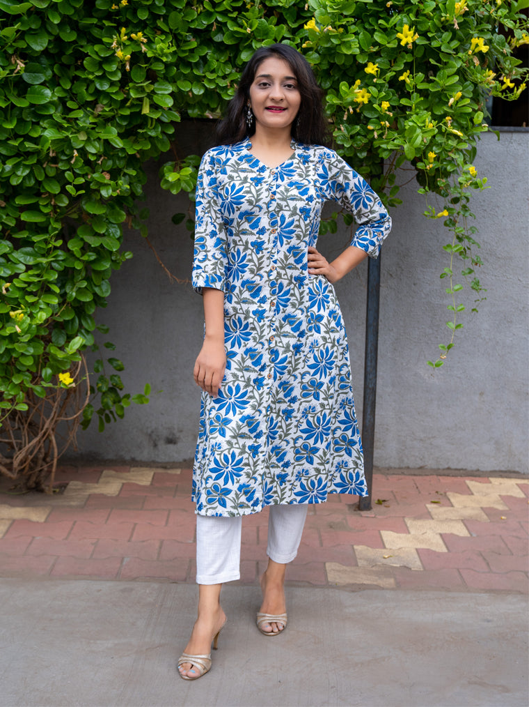 Wilderness Blue A- Line Floral Cotton Kurta