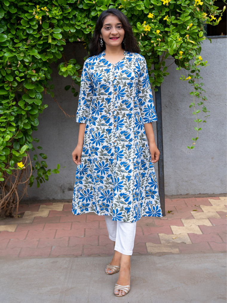 Wilderness Blue A- Line Floral Cotton Kurta