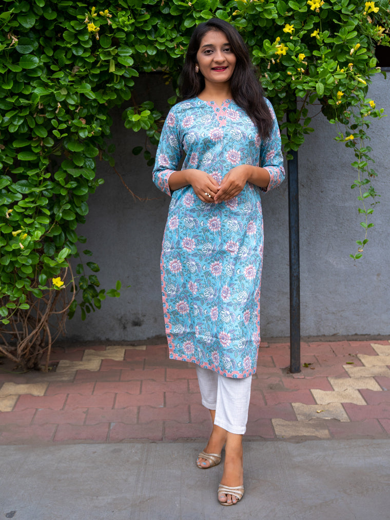 Iris Blue Floral Straight Cut Cotton Kurta