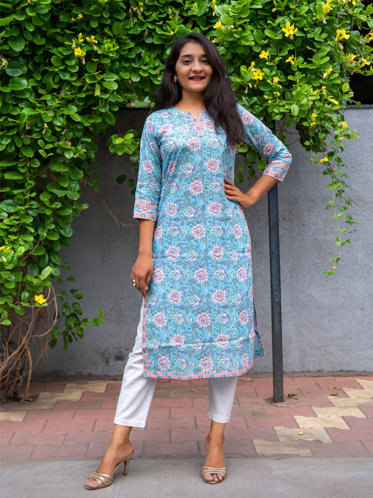 Iris Blue Floral Straight Cut Cotton Kurta