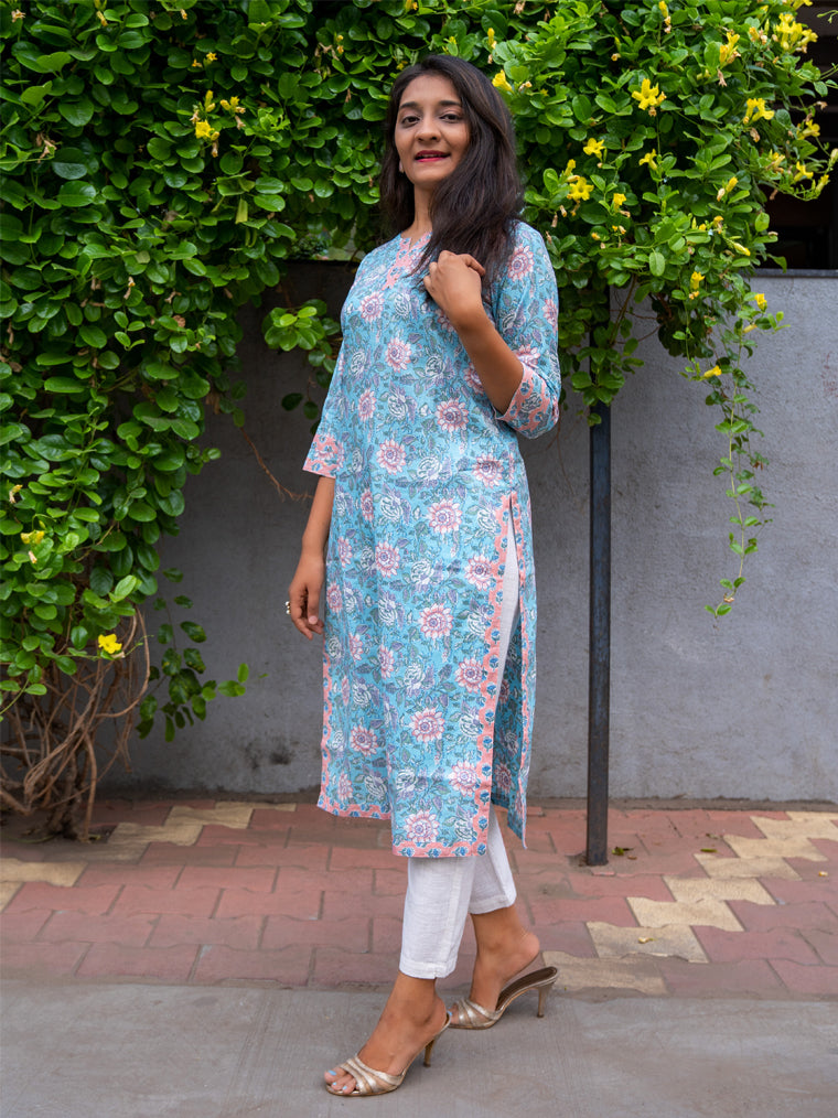 Iris Blue Floral Straight Cut Cotton Kurta
