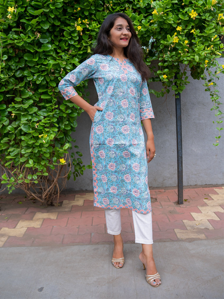 Iris Blue Floral Straight Cut Cotton Kurta