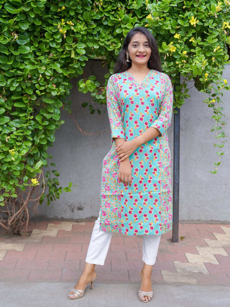 Bageecha Mint Green Floral Straight Cut Cotton Kurta