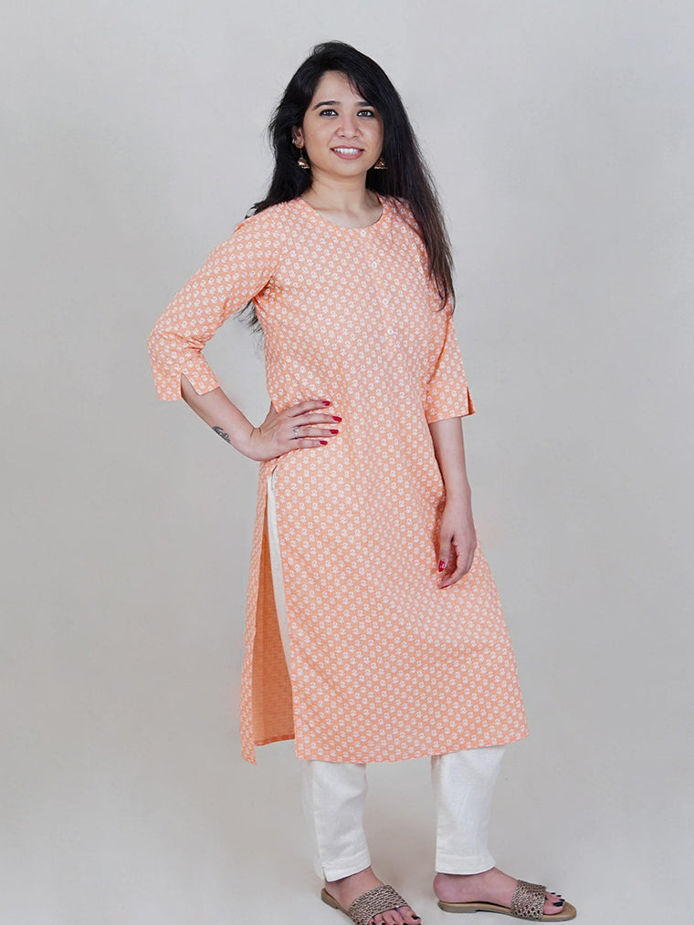Tangerine Orange Floral Straight Cut Cotton Kurta