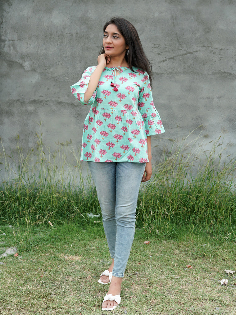 Pink Daisy Sky Blue Floral Cotton Top