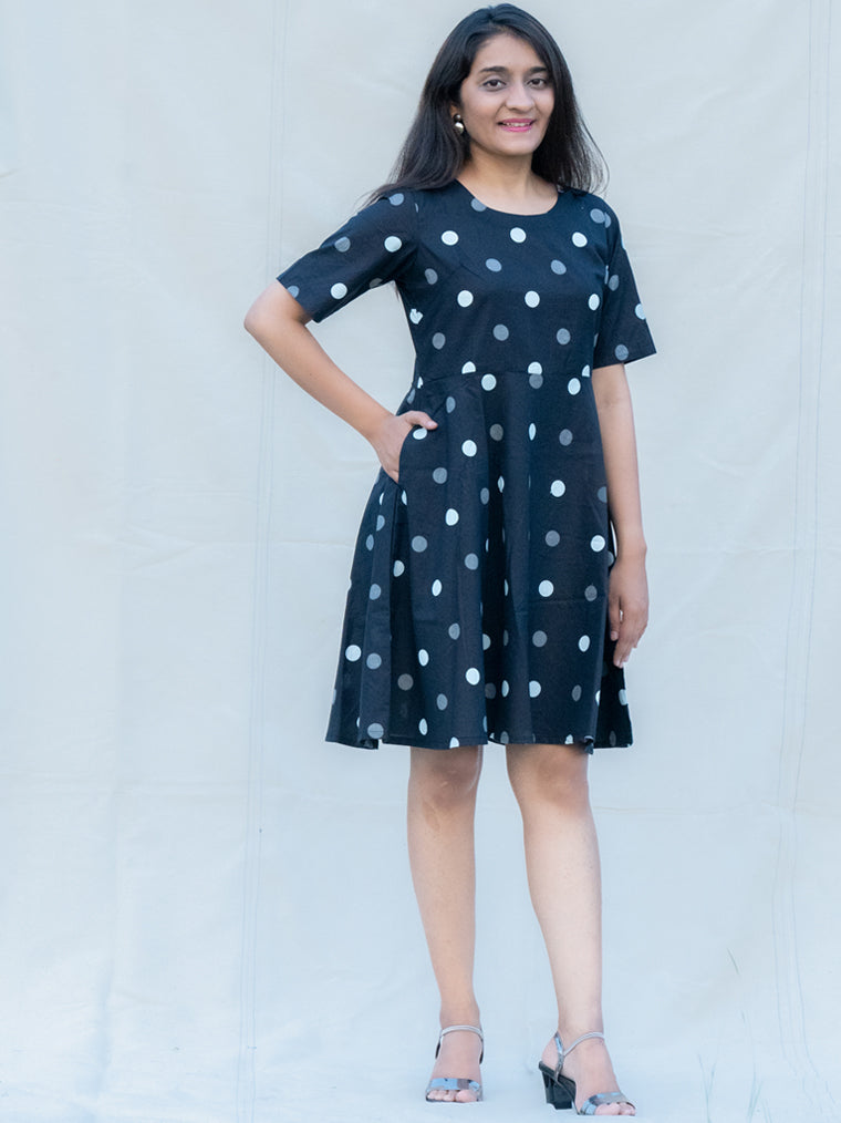 Galaxy Black Polka Dots Cotton Knee Length Dress