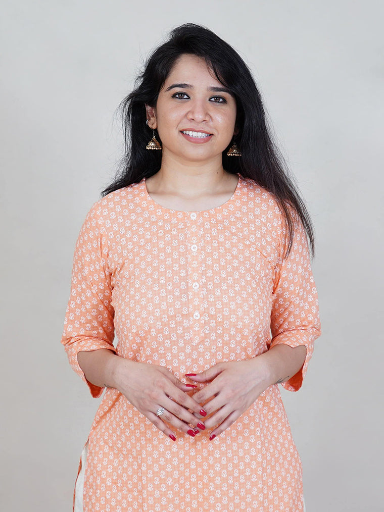 Tangerine Orange Floral Straight Cut Cotton Kurta