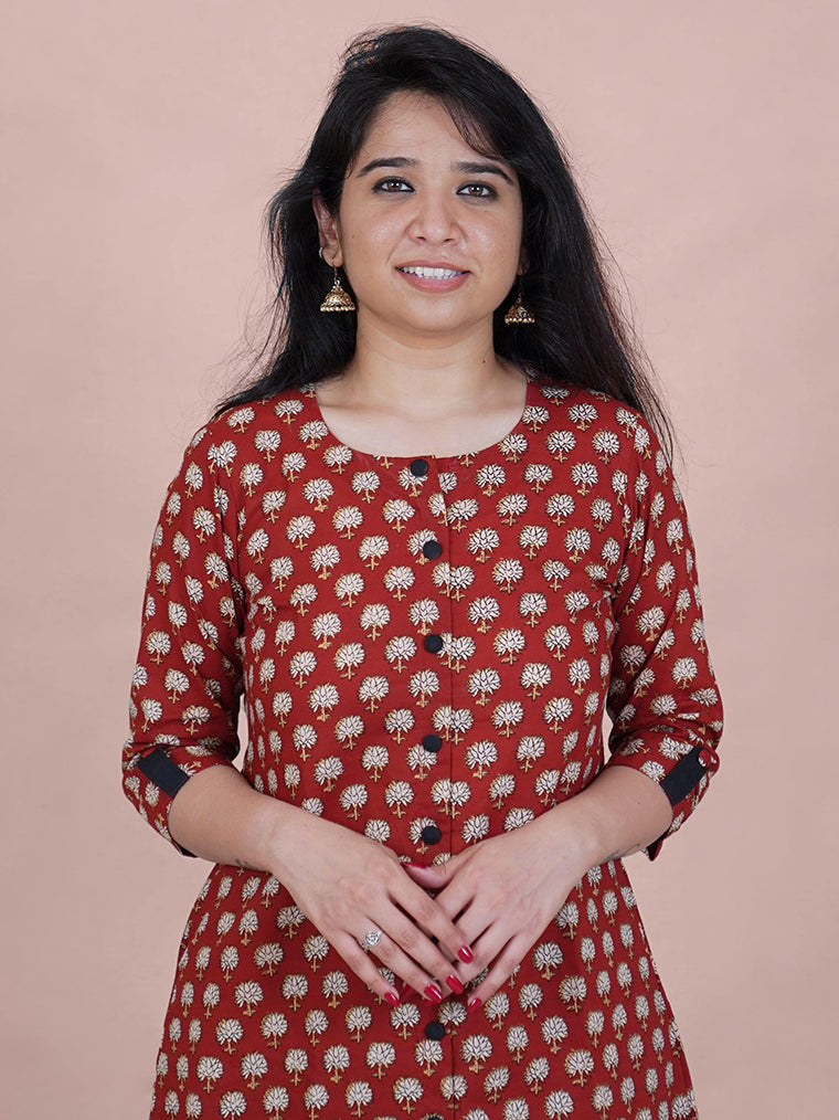 Quaint Brown Floral A Line Cotton Kurta