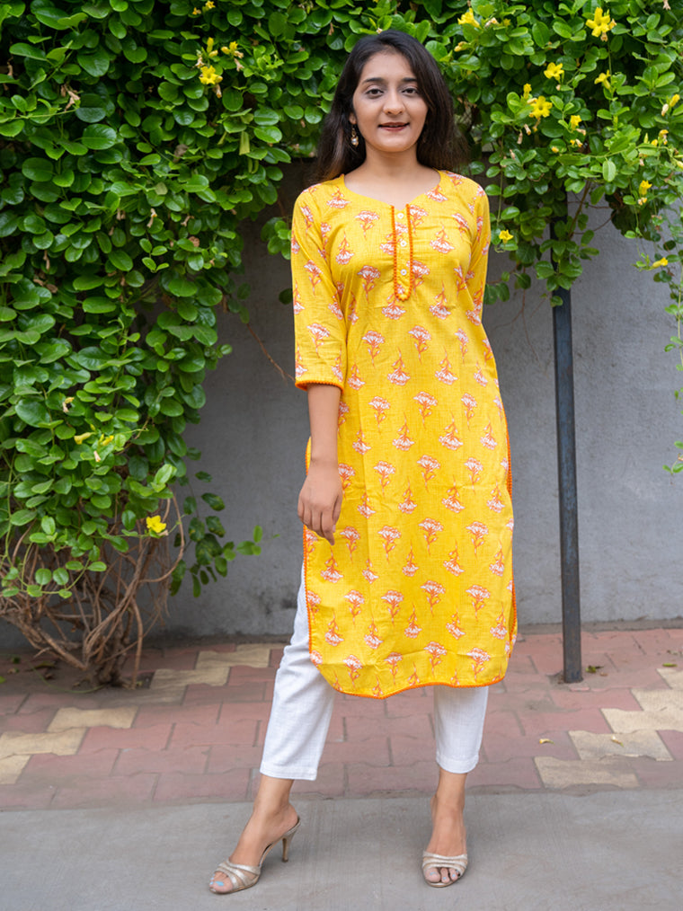 Genda Phool Yellow Floral Straight Cut Cotton Kurta