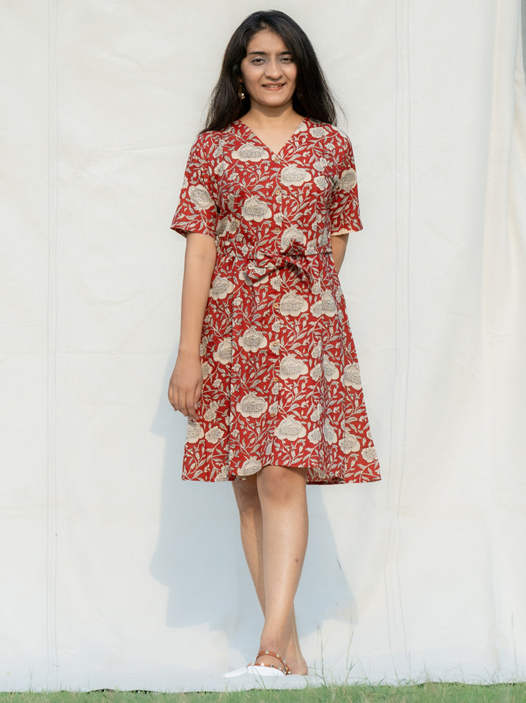 Capuccino Red Floral Cotton Knee Length Dress