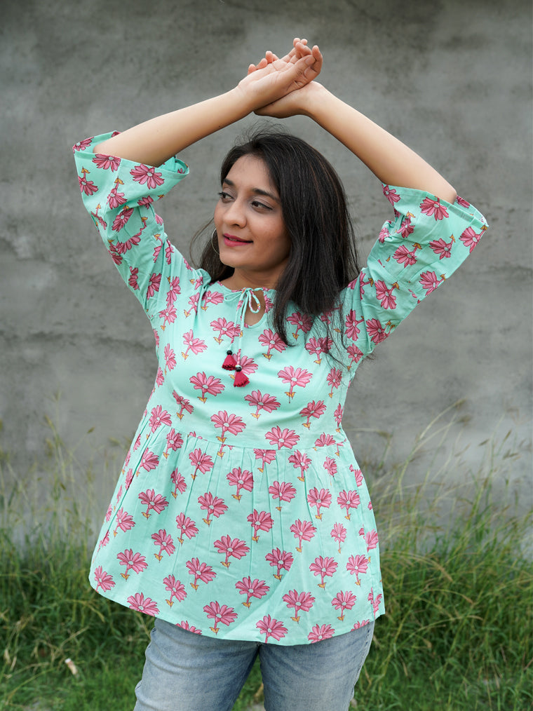 Pink Daisy Sky Blue Floral Cotton Top