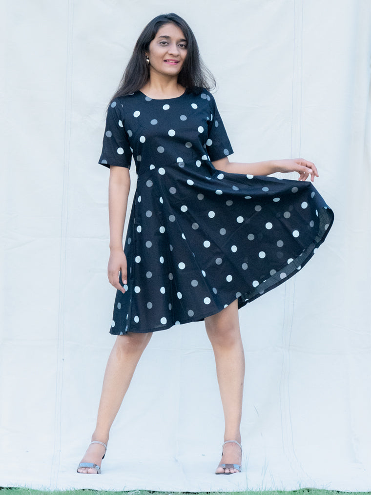 Galaxy Black Polka Dots Cotton Knee Length Dress