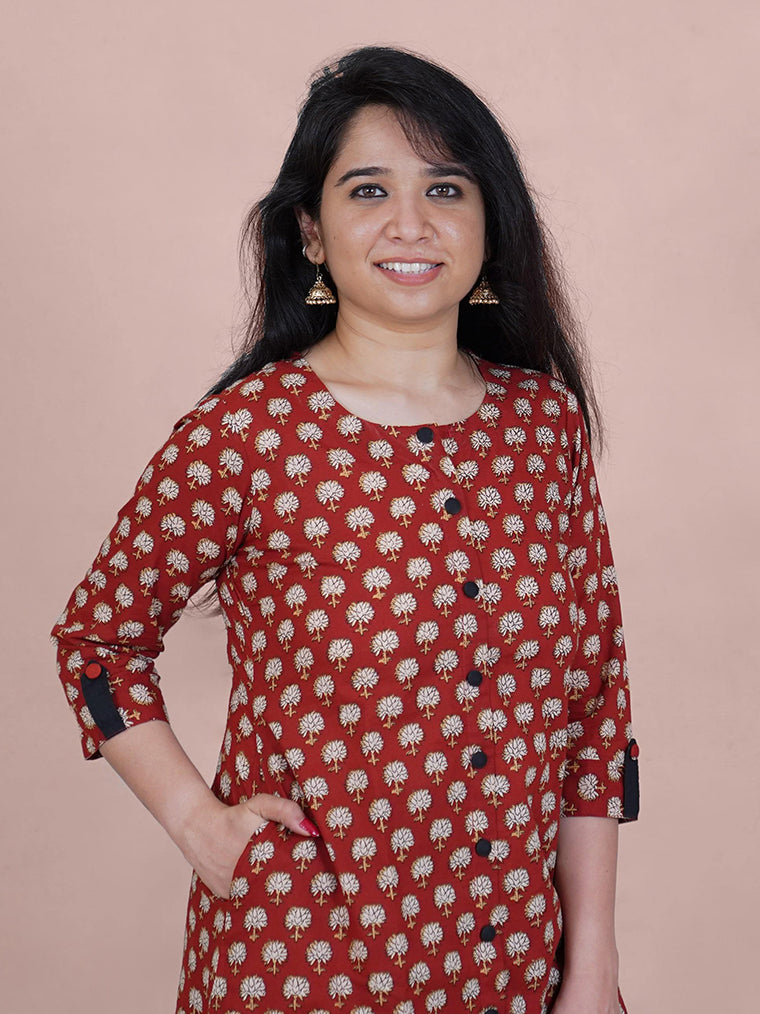 Quaint Brown Floral A Line Cotton Kurta