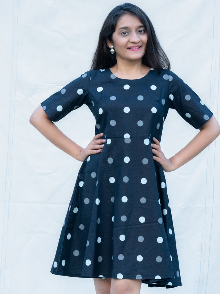 Galaxy Black Polka Dots Cotton Knee Length Dress