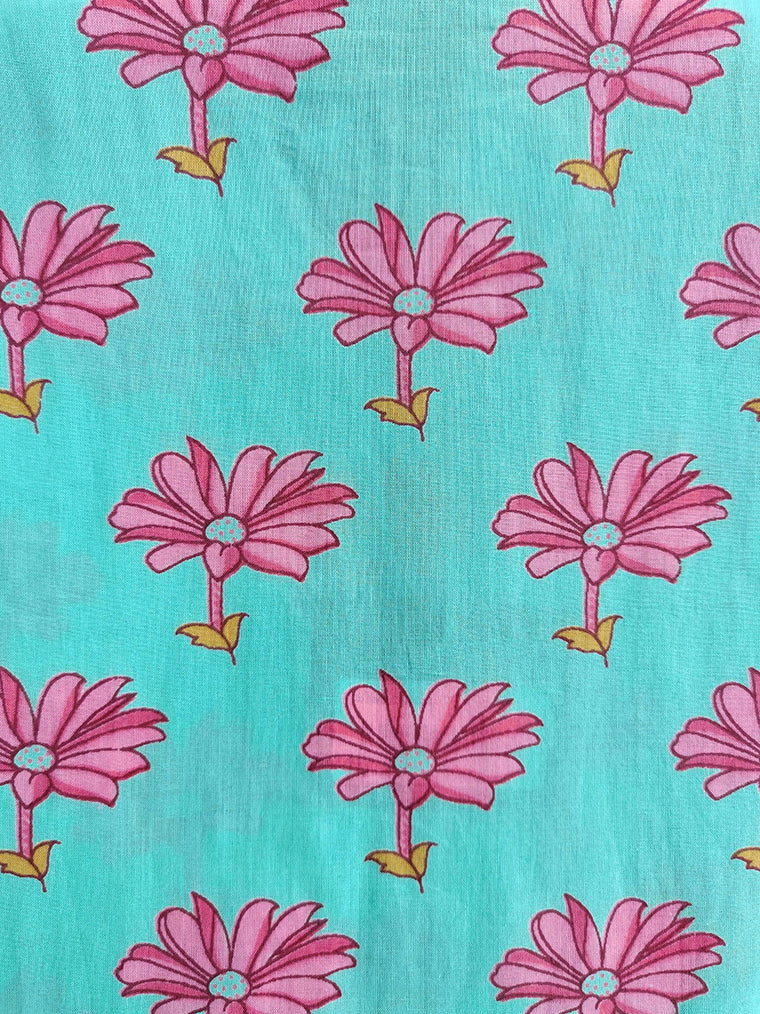 Pink Daisy Sky Blue Floral Cotton Top
