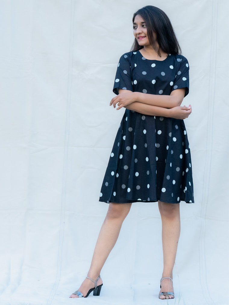 Galaxy Black Polka Dots Cotton Knee Length Dress