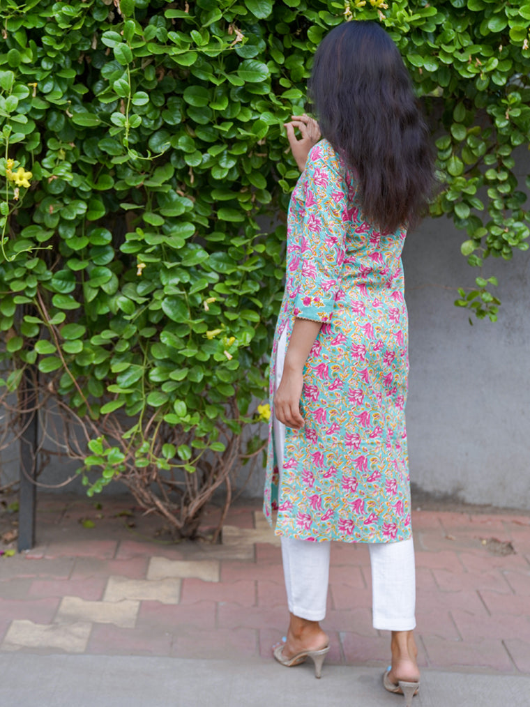 Bageecha Mint Green Floral Straight Cut Cotton Kurta