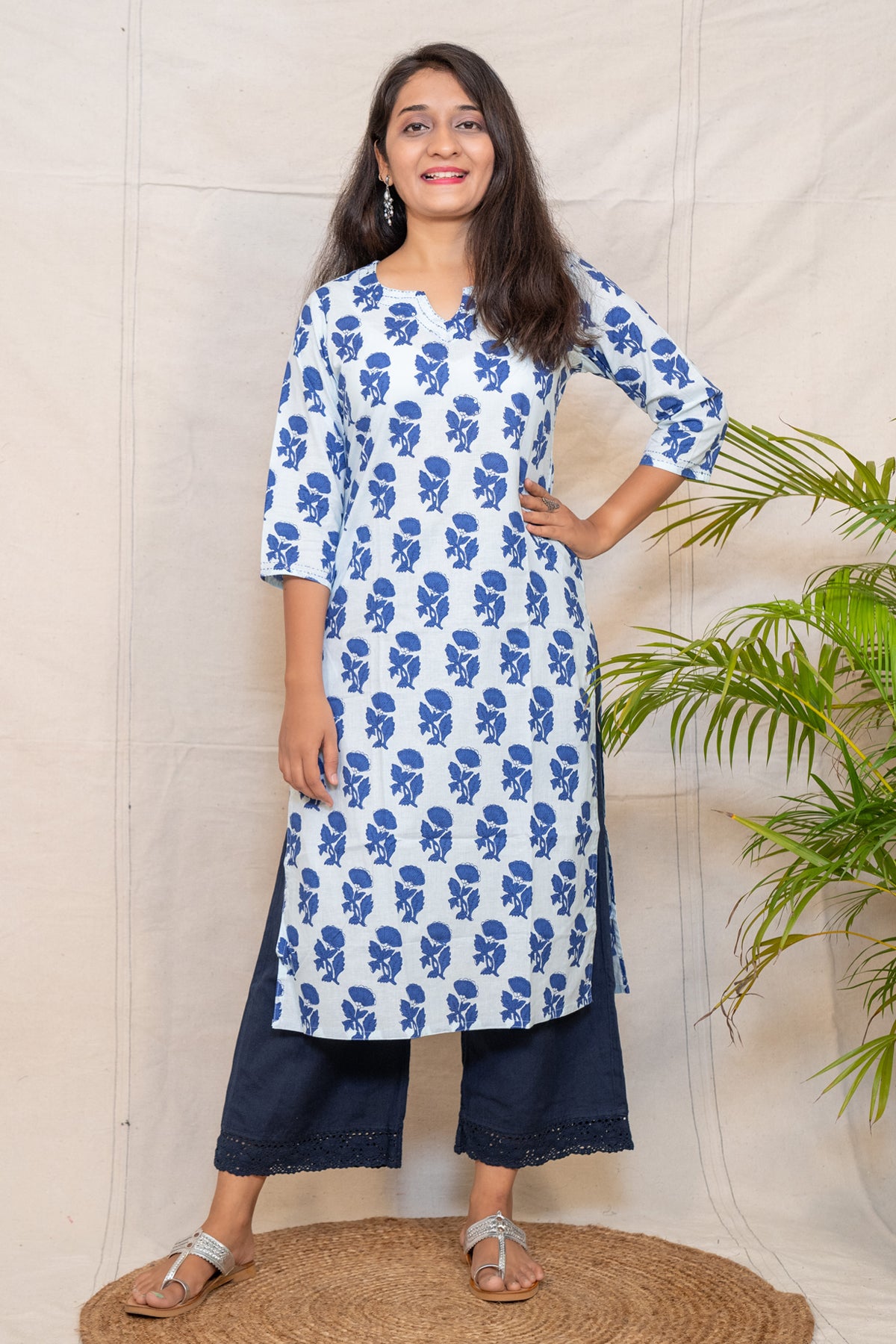 Alchemy Light Blue Floral Straight Cut Cotton Kurta