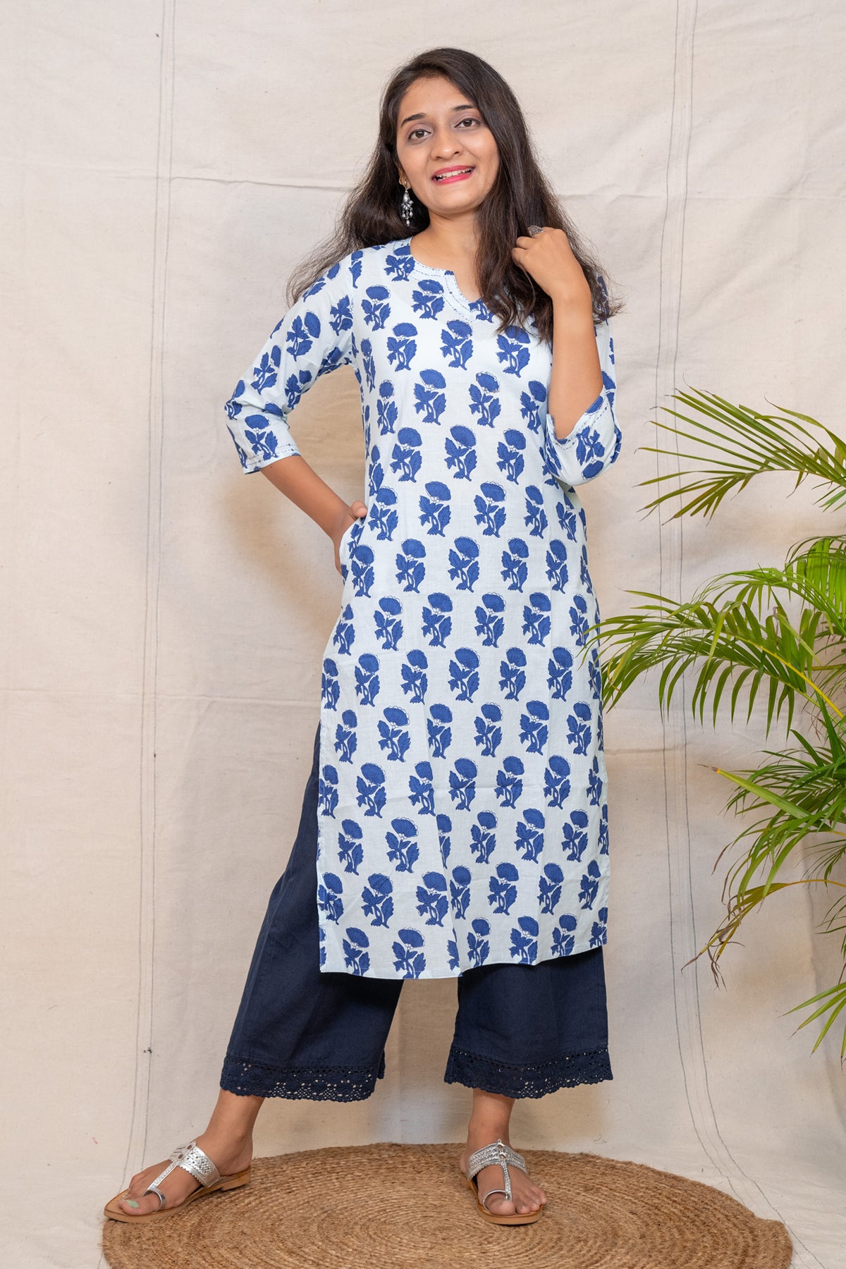 Alchemy Light Blue Floral Straight Cut Cotton Kurta