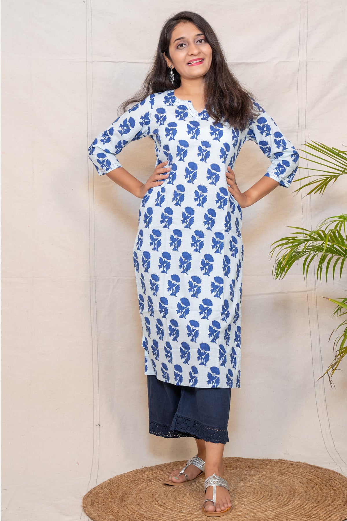 Alchemy Light Blue Floral Straight Cut Cotton Kurta