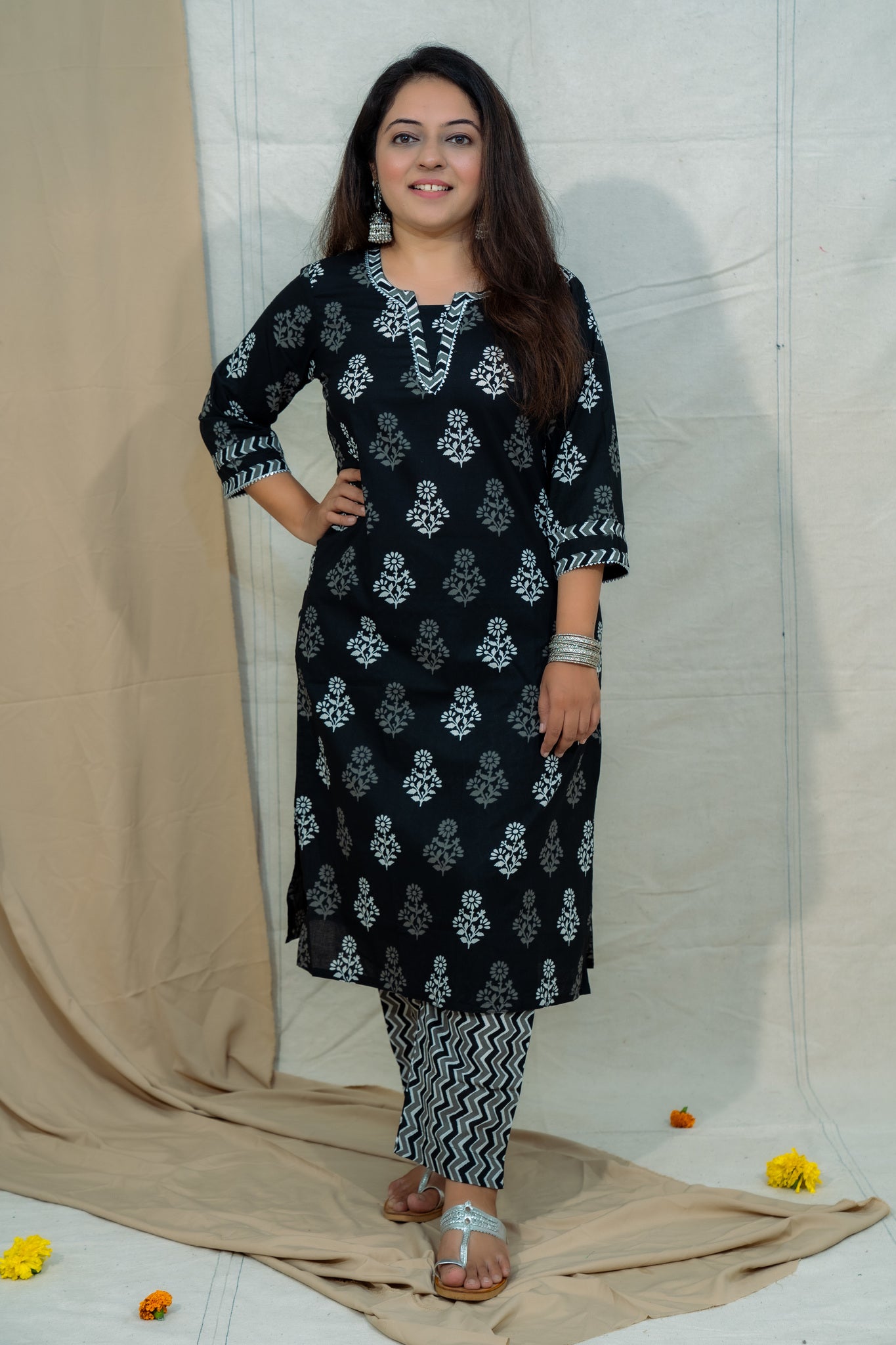 Salt & Pepper Black Cotton Kurta and Pant Set