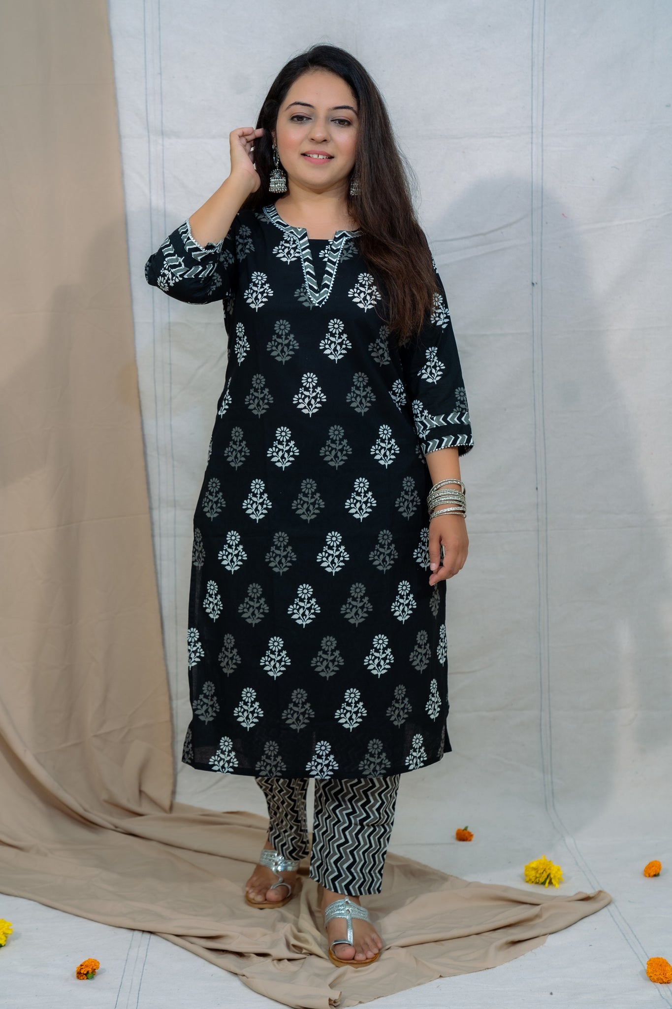 Salt & Pepper Black Cotton Kurta and Pant Set