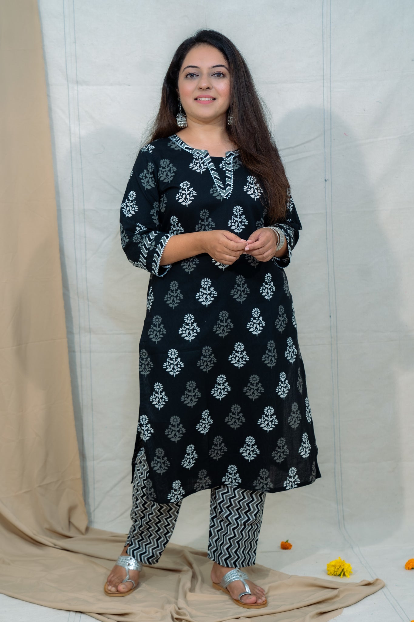 Salt & Pepper Black Cotton Kurta and Pant Set