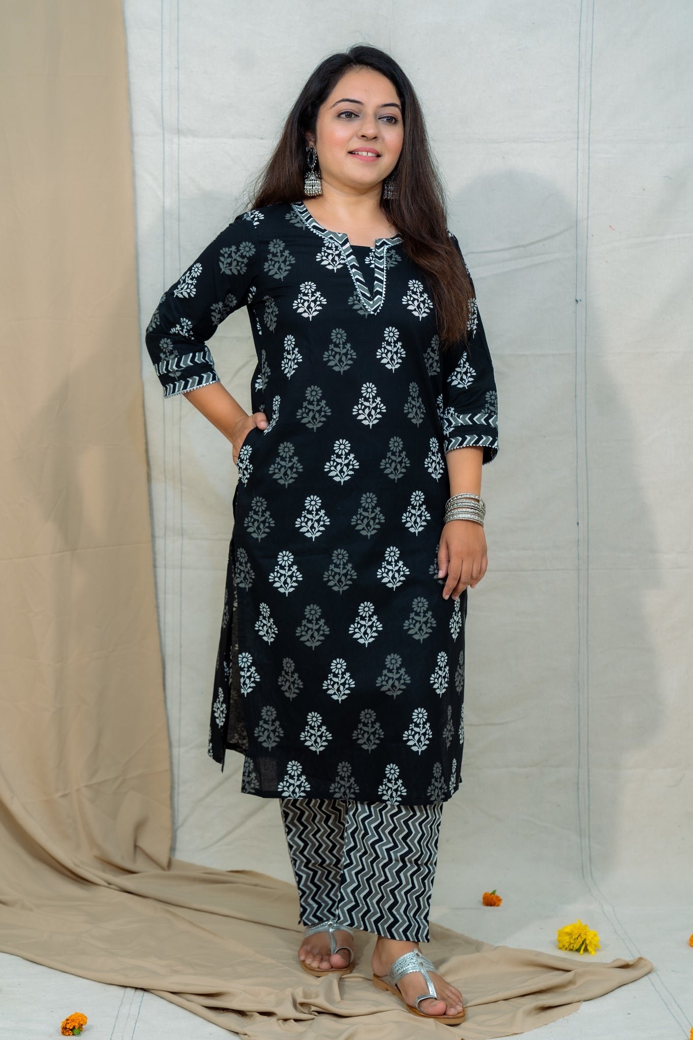 Salt & Pepper Black Cotton Kurta and Pant Set