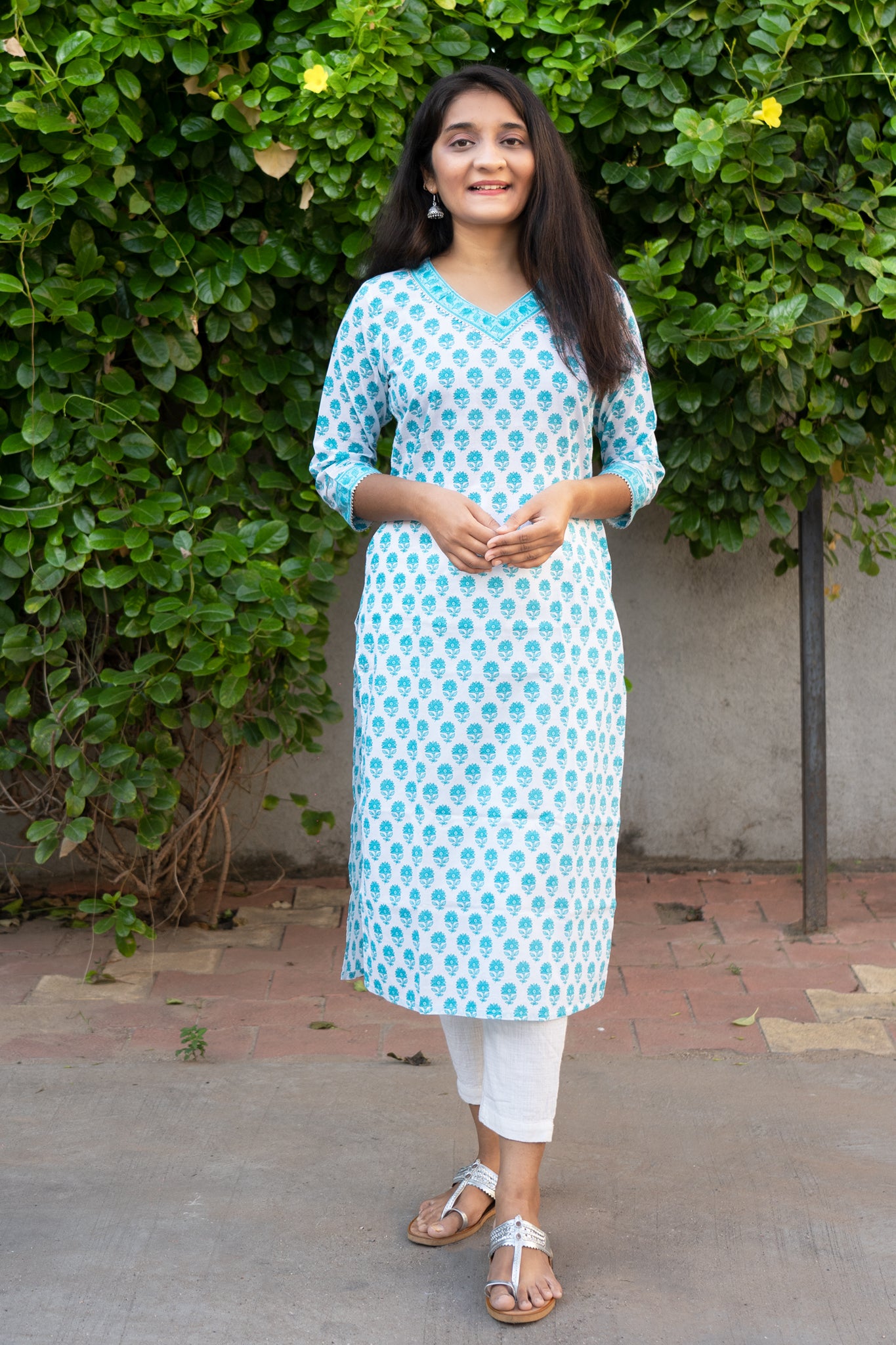 Seasalt White Floral Straight Cut Cotton Kurta