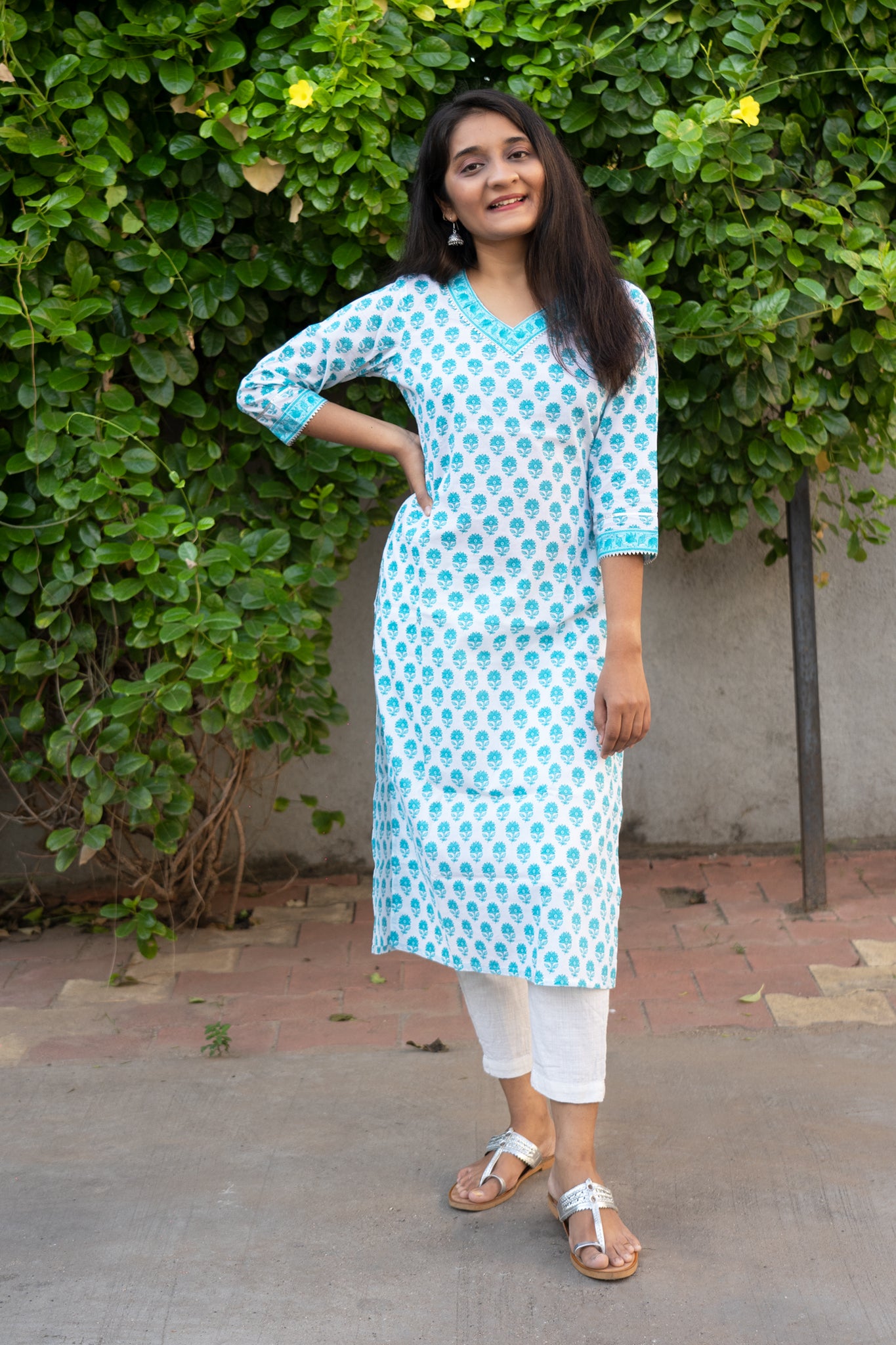 Seasalt White Floral Straight Cut Cotton Kurta