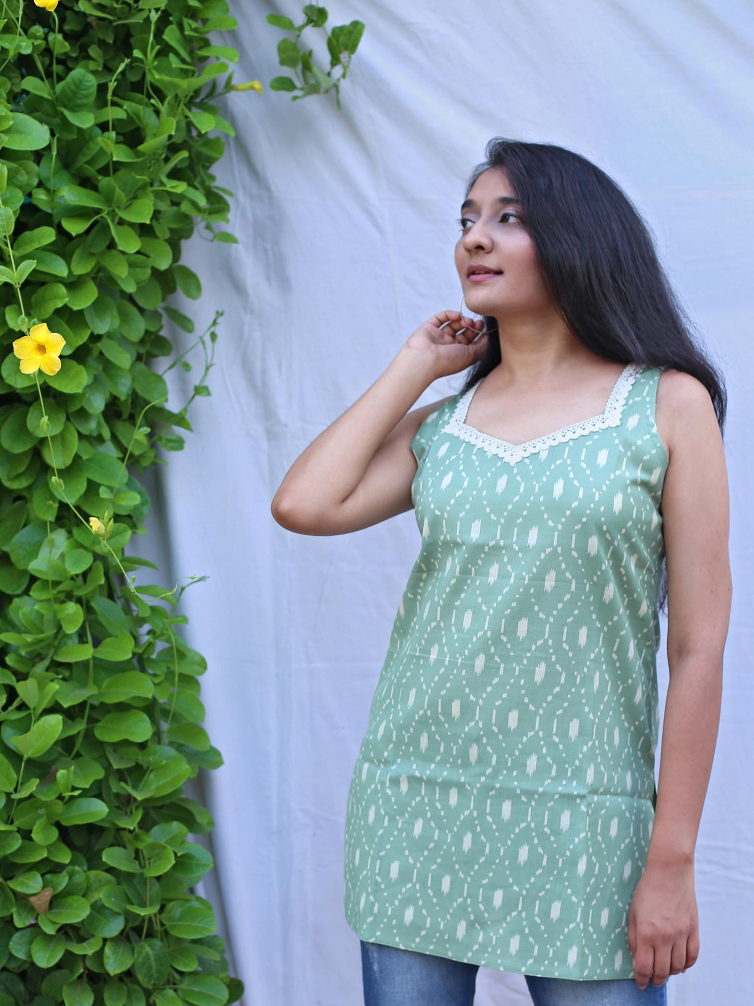 Cardamom Light Green Geometry Cotton Top