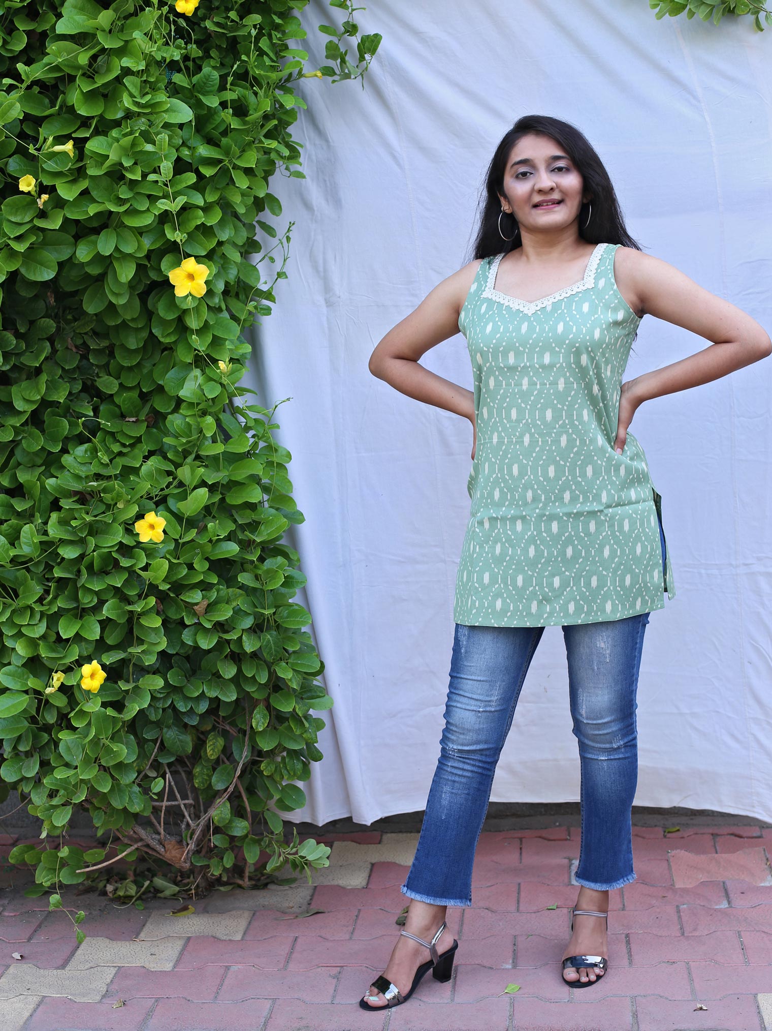 Cardamom Light Green Geometry Cotton Top