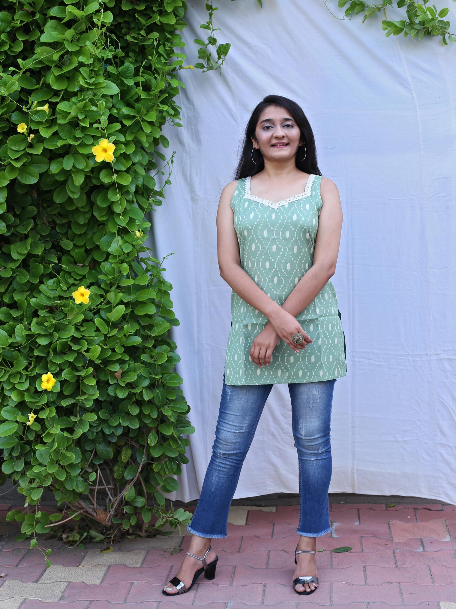 Cardamom Light Green Geometry Cotton Top